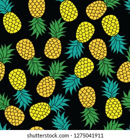 Fresh Pineapple seamless pattern whit Black background. Vector illustration.