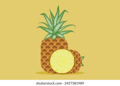 Fresh pineapple set vector illustration. Cartoon isolated whole fruit with yellow pulp, peel with brown texture and green leaves, delicious ananas cut into slices.