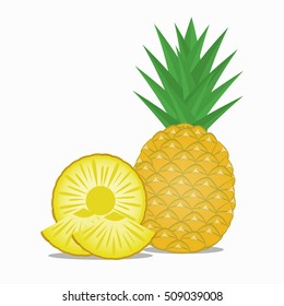 Fresh Pineapple and Pineapple Slices Isolated on White Background.Vector Illustration.