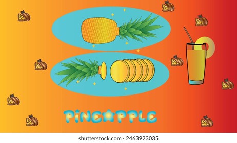 Fresh pineapple slices, placed on a flat plate, with fresh pineapple juice, on a gradient orange background. Vector illustration