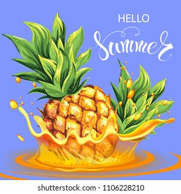 Fresh pineapple with splash and splashes of juice, drink. Realistic vector image.