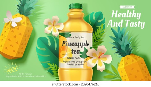 Fresh pineapple tea ad banner. 3d illustration of plastic juice bottle with paper cut pineapple with summer jungle decoration.