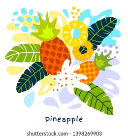 Fresh pineapple tropical exotic citrus fruits juice splash organic food juicy splatter pineapples on abstract background vector hand drawn illustrations