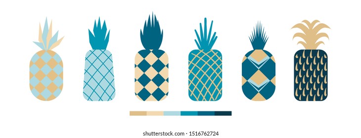 Fresh Pineapples Multicolored Vector. Flat style
