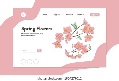 Fresh pink flowers on branch with leaves landing page template. Vector hand drawn illustration of spring flowers. Cherry or sakura flowers. Invitation card, wedding, cosmetics web banner concept.