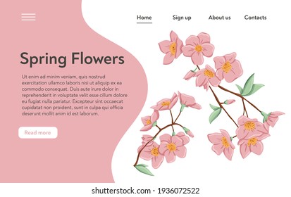 Fresh pink flowers on branch with leaves landing page template. Vector hand drawn illustration of spring flowers. Cherry or sakura flowers. Invitation card, wedding, cosmetics web banner concept.