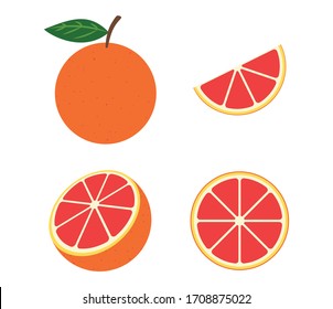 Fresh pink grapefruit vector set isolated on white background - Vector illustration