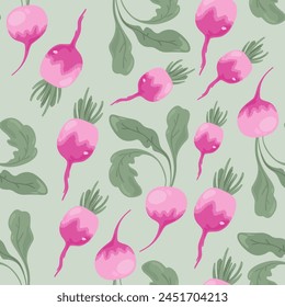 Fresh pink radish seamless pattern with leaves