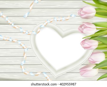Fresh pink tulips and blank wooden heart shape frame. EPS 10 vector file included