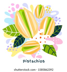 Fresh pistachios color milk splash organic food condiment spice splatter. Spicy herbs nuts. Abstract colorful art splatter splash background. Vector hand drawn illustration