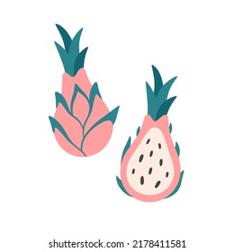 Fresh pitaya, dragon fruit. Exotic and tropical fruit. Healthy food. Vector illustration in flat style