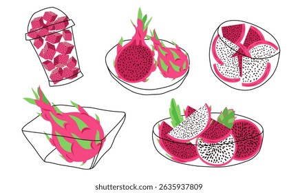 Fresh Pitaya Fruit in Bowl. Dragon Fruit Cubes, Diced Dragon Fruit. Sliced and Whole Pitaya in Bowl. Exotic Fruit Still Life