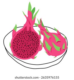 Fresh Pitaya Fruit in the Plate. Dragon Fruit. Sliced and Whole Pitaya in Bowl. Exotic Fruit Still Life