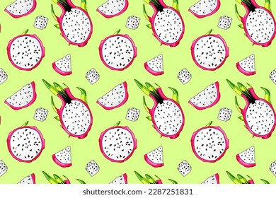 Fresh pitaya slice. Sweet beautiful dragon fruit pattern. Colorful tropical seamless fabric design. Organic pitahaya ingridient. Summer green background
