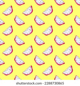Patrón de rodajas de pitaya frescas. El fondo del jugo es brillante. Papel tapiz de planta tropical. Ilustración de fruta de dragón exótico