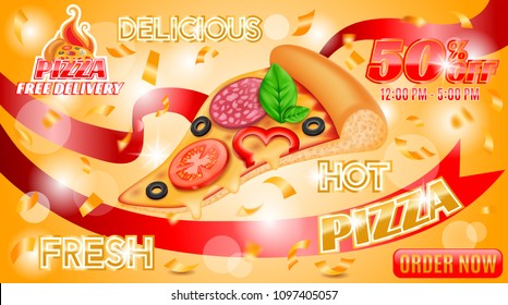 Fresh Pizza Ad Poster, Pepperoni, Cheese, Basil, Tomato, Order Now, Background with Beams and Golden Confetti, Design Ads Template, Promotion Banner, 50 % off, Food, Hand Drawn, 3D Vector Illustration