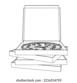 Fresh pizza in box. Traditional Italian fast food meal. European snack. Wireframe low poly mesh vector illustration