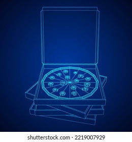 Fresh pizza in box. Traditional Italian fast food meal. European snack. Wireframe low poly mesh vector illustration