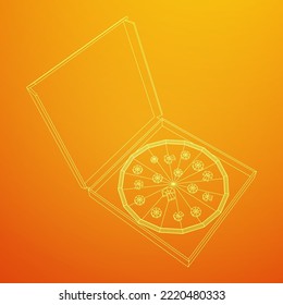 Fresh pizza in box. Traditional Italian fast food meal. European snack. Wireframe low poly mesh vector illustration