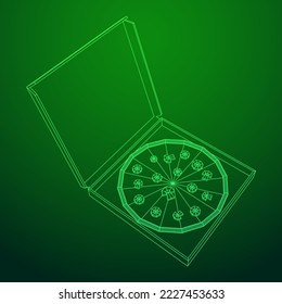 Fresh pizza in box. Traditional Italian fast food meal. European snack. Wireframe low poly mesh vector illustration