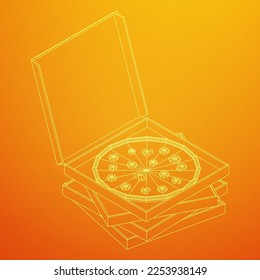 Fresh pizza in box. Traditional Italian fast food meal. European snack. Wireframe low poly mesh vector illustration