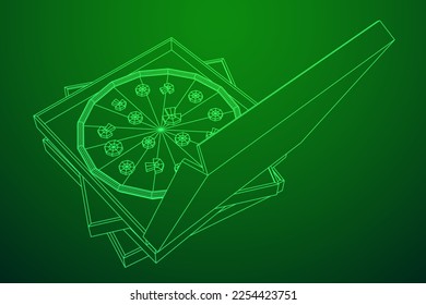 Fresh pizza in box. Traditional Italian fast food meal. European snack. Wireframe low poly mesh vector illustration