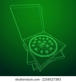 Fresh pizza in box. Traditional Italian fast food meal. European snack. Wireframe low poly mesh vector illustration