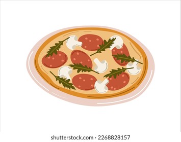 Fresh pizza with cheese, sausage, mushrooms , arugula. Traditional italian fast food. Vector illustration Isolated on white background.