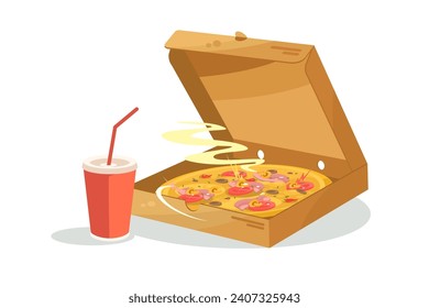 Fresh Pizza and Cold Drink, vector illustration. Scene depicts a hot pizza in an open box and a cold drink beside it.