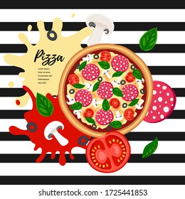 Fresh pizza design concept. Flat italian fast food with ingredients and text on striped abstract background. Vector illustration for web, ad, menu, app, cafe, restaurant, recipe
