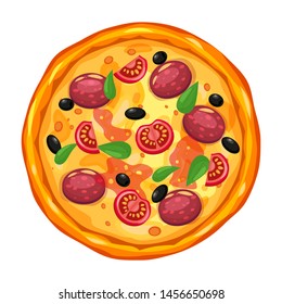 Fresh pizza with different ingredients tomato, cheese, olive, sausage, basil. Traditional italian fast food. Top view meal. European traditional snack. Isolated white background vector illustration.