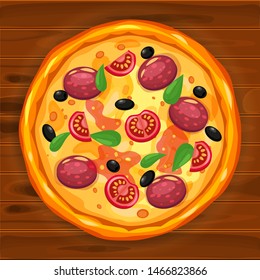 Fresh pizza with different ingredients tomato, cheese, olive, sausage, basil. Traditional italian fast food. Top view meal on wood board. European traditional snack. Isolated white background vector