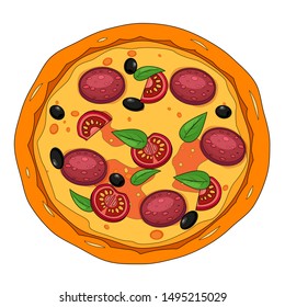 Fresh pizza with different ingredients tomato, cheese, olive, sausage, basil. Traditional italian fast food. Top view meal. European traditional snack. Isolated white background vector illustration.