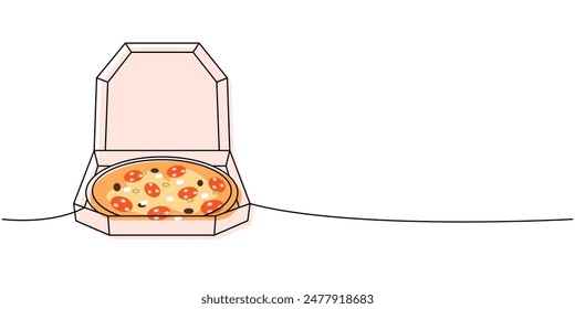 Fresh pizza with ingredients one line colored continuous drawing. Traditional italian fast food continuous one line illustration.