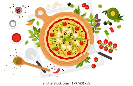 Fresh pizza Italian with tomatoes, cheese, olives, mushrooms, basil on wooden board with tools for cooking.