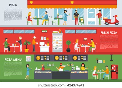 Fresh Pizza Menu flat concept web vector illustration. Pizzeria interior presentation.