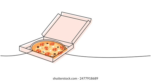 Fresh pizza one line colored continuous drawing. Traditional italian fast food continuous one line illustration.