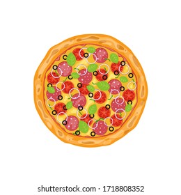 Fresh pizza with pepperoni, tomato, cheese, olive and onion. Traditional italian fast food. Vector illustration