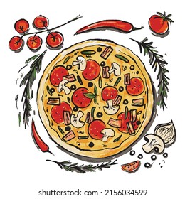 Fresh pizza with pepperoni, tomato, cheese, olive, sausage, onion, basil. Traditional italian fast food. Top view meal. European snack. Isolated white background. 