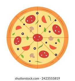 Fresh pizza with pepperoni, tomatoes, olives, herbs and mushrooms in flat style. Top view of traditional Italian fast food vector illustration on white isolated background