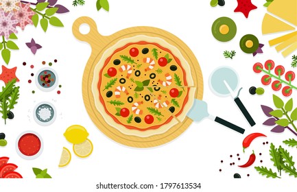 Fresh pizza seafood with shrimp, tomatoes, cheese, olives, lemon, basil. Vector flat illustration.