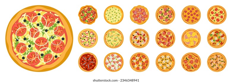 Pizza fresca con tomate, queso, aceitunas, salchichas, cebolla, albahaca. La comida rápida tradicional italiana. Comida de vista superior. Un bocadillo europeo. Fondo blanco aislado. Ilustración del vector