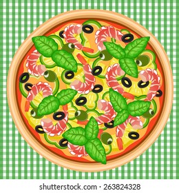 Fresh pizza with shrimps and olives. Vector image can be used for menu, food posters design or other crafts.