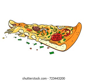 Fresh pizza slice cartoon image. Artistic freehand drawing.