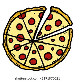 fresh pizza, slice pizza, pizza cheese, pizza pepperoni vector illustration with hand draw cartoon style