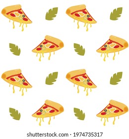 Fresh pizza slice seamless pattern, pizzeria italian background restaurant, illustration of delicious pepperoni with salami, dinner seamless wrapping