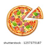 Fresh pizza with tomato, cheese, olive, sausage, onion, basil. Traditional italian fast food. Top view meal. European snack. Isolated white background. EPS10 vector illustration.