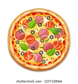 Fresh pizza with tomato, cheese, olive, sausage, onion, basil. Traditional italian fast food. Top view meal. European snack. Isolated white background. EPS10 vector illustration.