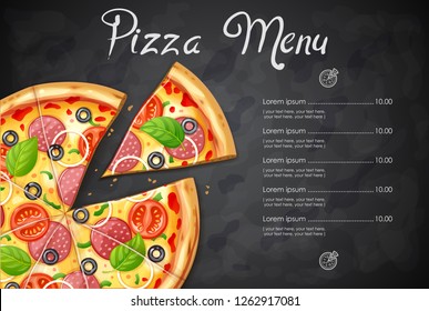 Fresh pizza with tomato, cheese, olive, sausage, onion, basil. Mock-up pizzeria menu. Traditional italian fast food. Top view meal. European snack. Dark background. EPS10 vector illustration.