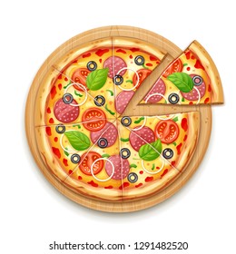 Fresh pizza with tomato, cheese, olive, sausage, onion, basil. Traditional italian fast food. Top view meal. European snack. Isolated white background. EPS10 vector illustration.